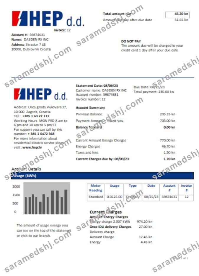 Hrvatska Elektroprivreda electricity utility business bill,  SCR